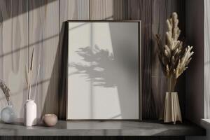 Mock up poster frame close up on shelf with decoration 3d render photo