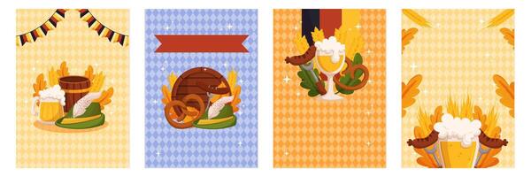 Beer festival poster invitation collection template. Design with glass of beer, wheat and leaves, banner ribbon and other festive objects on light rhombus background vector