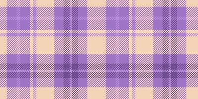 Seamless tartan pattern in purple and lavender tones with soft yellow details. The plaid design features intersecting lines and squares, creating a classic and fashionable textile look vector