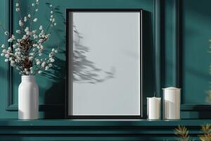 Mock up poster frame close up on shelf with decoration 3d render photo