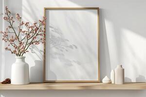 Mock up poster frame close up on shelf with decoration 3d render photo