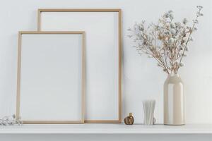 Mock up poster frame close up on shelf with decoration 3d render photo