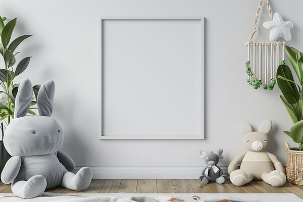 Mock up frame in unisex children room interior background 3D render