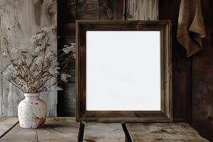 Square frame mockup in rustic interior 3d render photo