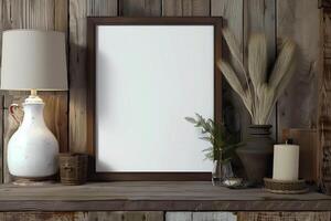 Square frame mockup in rustic interior 3d render photo