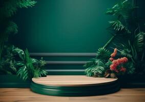 Cosmetics product advertising stand Exhibition wooden podium on green background with leaves and shadows Empty pedestal to display product packaging photo-realistic, realistic photo