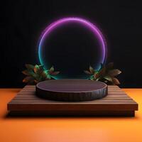 Cosmetics product advertising stand. Exhibition podium on background with leaves and shadows. Empty pedestal to display product packaging photo-realistic, realistic photo