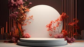 Cosmetics product advertising stand. Exhibition podium on background with leaves and shadows. Empty pedestal to display product packaging photo-realistic, realistic photo