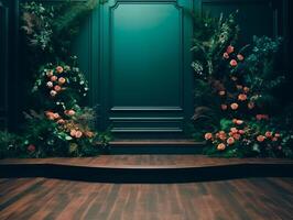 Cosmetics product advertising stand Exhibition wooden podium on green background with leaves and shadows Empty pedestal to display product packaging photo-realistic, realistic photo