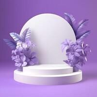 Cosmetics product advertising stand. Exhibition podium on background with leaves and shadows. Empty pedestal to display product packaging photo-realistic, realistic photo
