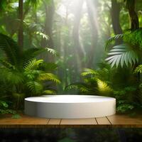 Cosmetics product advertising stand. Exhibition podium on background with leaves and shadows. Empty pedestal to display product packaging photo-realistic, realistic photo