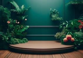 Cosmetics product advertising Exhibition wooden podium on green background with leaves and shadows Empty pedestal to display product packaging photo-realistic, realistic photo
