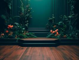Cosmetics product advertising Exhibition wooden podium on green background with leaves and shadows Empty pedestal to display product packaging photo-realistic, realistic photo