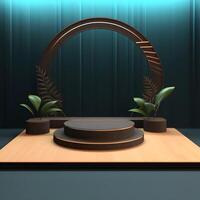 Cosmetics product advertising stand. Exhibition podium on background with leaves and shadows. Empty pedestal to display product packaging photo-realistic, realistic photo