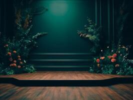 Cosmetics product advertising stand Exhibition wooden podium on green background with leaves and shadows Empty pedestal to display product packaging photo-realistic, realistic photo