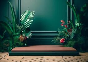Cosmetics product advertising stand Exhibition wooden podium on green background with leaves and shadows Empty pedestal to display product packaging photo-realistic, realistic photo