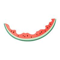 Bitten watermelon slice with vibrant green rind and red flesh with black seeds. Flat illustration. Summer fruit drawing for food graphic, menu, icon, logos postcard, greeting card, invitation vector