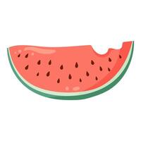 Bitten watermelon slice with vibrant green rind and red flesh with black seeds. Flat illustration. Summer fruit drawing for food graphic, menu, icon, logos postcard, greeting card, invitation vector