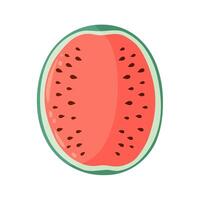 Watermelon half slice with vibrant green rind and red flesh with black seeds. Flat illustration. Summer fruit drawing for food graphics, menu, icon, logo, postcard, invitation. vector
