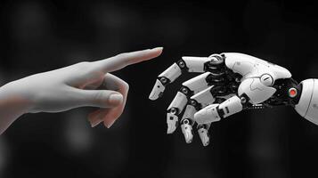 Artificial robot hand pointing finger in the style of human touch, technology and people concept on dark background with copy space area for text. photo