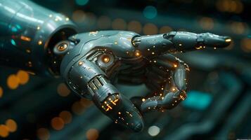 Artificial robot hand pointing finger in the style of human touch, technology and people concept on dark background with copy space area for text. photo