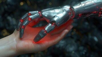 Artificial robot hand pointing finger in the style of human touch, technology and people concept on dark background with copy space area for text. photo