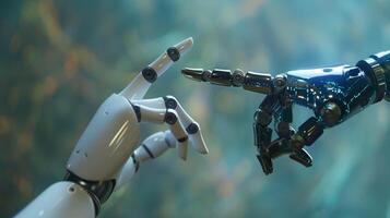 Artificial robot hand pointing finger in the style of human touch, technology and people concept on dark background with copy space area for text. photo