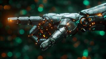 Artificial robot hand pointing finger in the style of human touch, technology and people concept on dark background with copy space area for text. photo