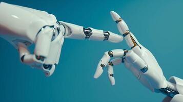 Artificial robot hand pointing finger in the style of human touch, technology and people concept on dark background with copy space area for text. photo