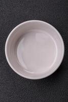 Beautiful empty white ceramic gravy boat on a concrete background photo