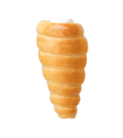 Top view of single brown puff pastry cream horn isolated with clipping path in file format png
