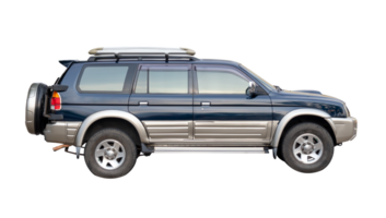 sida se av lyxig blå och brons sUV sporter bil isolerat med klippning väg i fil formatera png