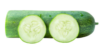 Front view of fresh green cucumber with slices or pieces in stack isolated with clipping path in file format png