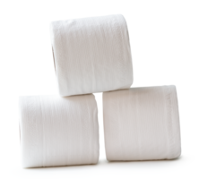 Three rolls of white tissue paper or napkin prepared for use in toilet or restroom isolated with clipping path in file format png
