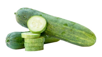 Side view of green cucumber fruits with slices in stack isolated with clipping path in file format png