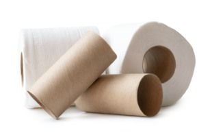 Front view of tissue paper rolls with brown tissue paper cores in stack isolated with clipping path and shadow in file format png