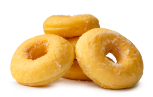 Front view of sugar glazed brown cinnamon donuts in stack isolated with clipping path in file format png