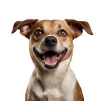 Studio portrait of funny and excited dog face shocked or surprised expression isolated on transparent background. Surprised dog with mouth open die cut style isolated. png