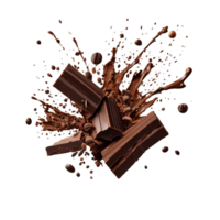 Various types of chocolate fall with chocolate flake in the air isolated on transparent background, such as a sweet dessert concept or a piece of dark chocolate. png