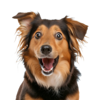 Studio portrait of funny and excited dog face shocked or surprised expression isolated on transparent background. Surprised dog with mouth open die cut style isolated. png