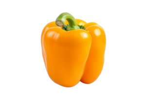 A vibrant yellow bell pepper with a fresh green stem, isolated on a white background. Perfect for food, health, and lifestyle themes. png