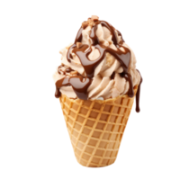 Vanilla Ice Cream In Waffle Cone With Rich Chocolate Drizzle On Isolated Background. png