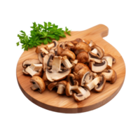 Freshly Sliced Mushrooms On Wooden Cutting Board With Parsley On Isolated Background. png