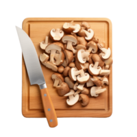 Freshly Sliced Mushrooms On Wooden Cutting Board With Knife On Isolated Background. png