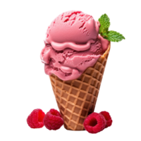 Raspberry Ice Cream Waffle Cone With Fresh Raspberries And Mint Leaf On Isolated Background. png