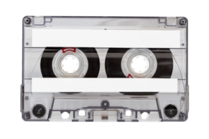 Old tape cassette with blank labels isolated on transparent background, Template mock up png