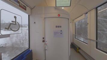 November 26, 2023. Germany, Bavaria. Large toilet for people with disabilities on regional train in. Spacious WC for disabled persons on local railway vehicle. Restroom adapted to disabilities. video