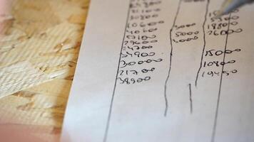 Man, Paper, Accounting. Hand of man with pen in motion, marking numbers on paper for financial record-keeping. video