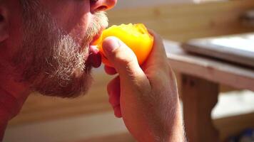 Man eating peach. Bearded man in sunglases eating peach on the beach. Happy man is smiling and resting at sea. Bearded guy enjoying fruits on summer vacation. Vegetarian and healthy lifestyle concept. video