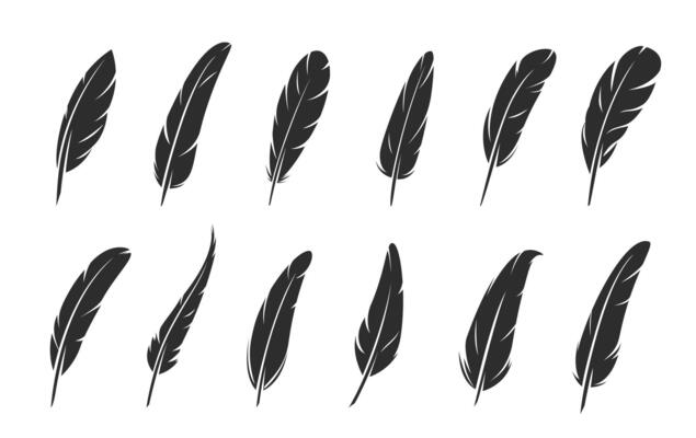 Quill feather icons. Bird plume silhouettes
